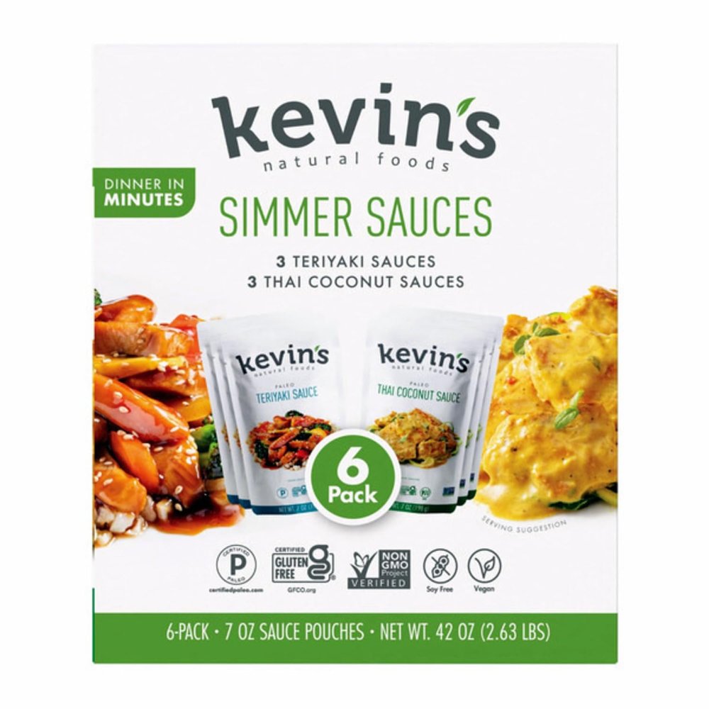 3 x Kevins Natural Foods Simmer Sauce Variety Pack, Teriyaki and Thai Coconut, 6 Pouches, Paleo and Keto, Gluten-Free, Soy-Free, 42 oz