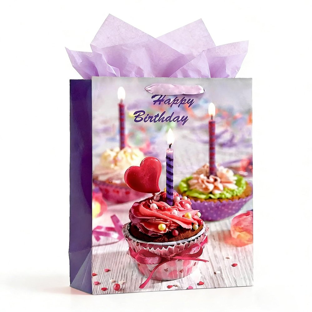 LEAYUGF Purple Cupcake Happy Birthday Gift Bag with Handles, 12.6" Gift Bag with Purple Tissue Paper for Birthday Party Baby Shower, 1 Pack