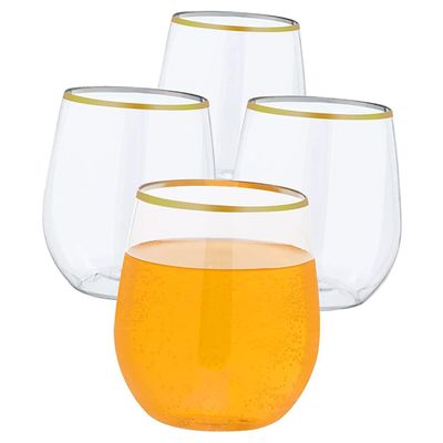 Abaodam Disposable Gold Rim Red Wine Glasses 12oz Pet Ice Cream Cups 4pcs Shatterproof Drinkware for Party Home Office Use