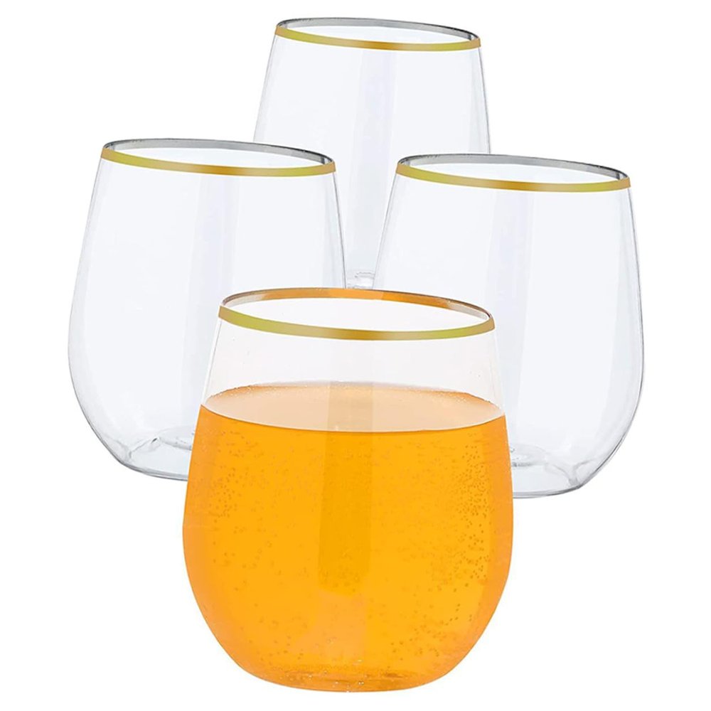 Abaodam Disposable Gold Rim Red Wine Glasses 12oz Pet Ice Cream Cups 4pcs Shatterproof Drinkware for Party Home Office Use