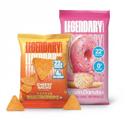 Legendary Foods High Protein Snack Bundle: Frosted Pink Sprinkles Donut (22g Protein, 0g Sugar) & Cheesy Nacho Popped Chips - Low Carb Keto Friendly Treats