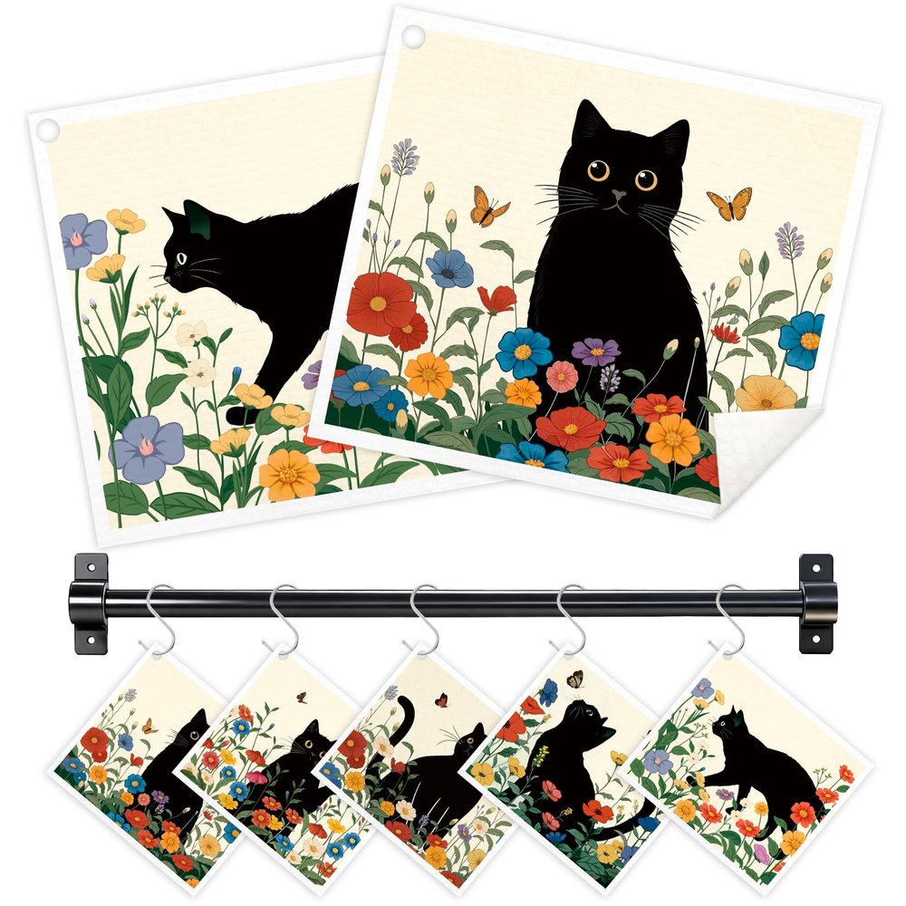 Nyixblyre 5 Pack Swedish Dishcloths for Kitchen Reusable 3 Hooks Black Cat