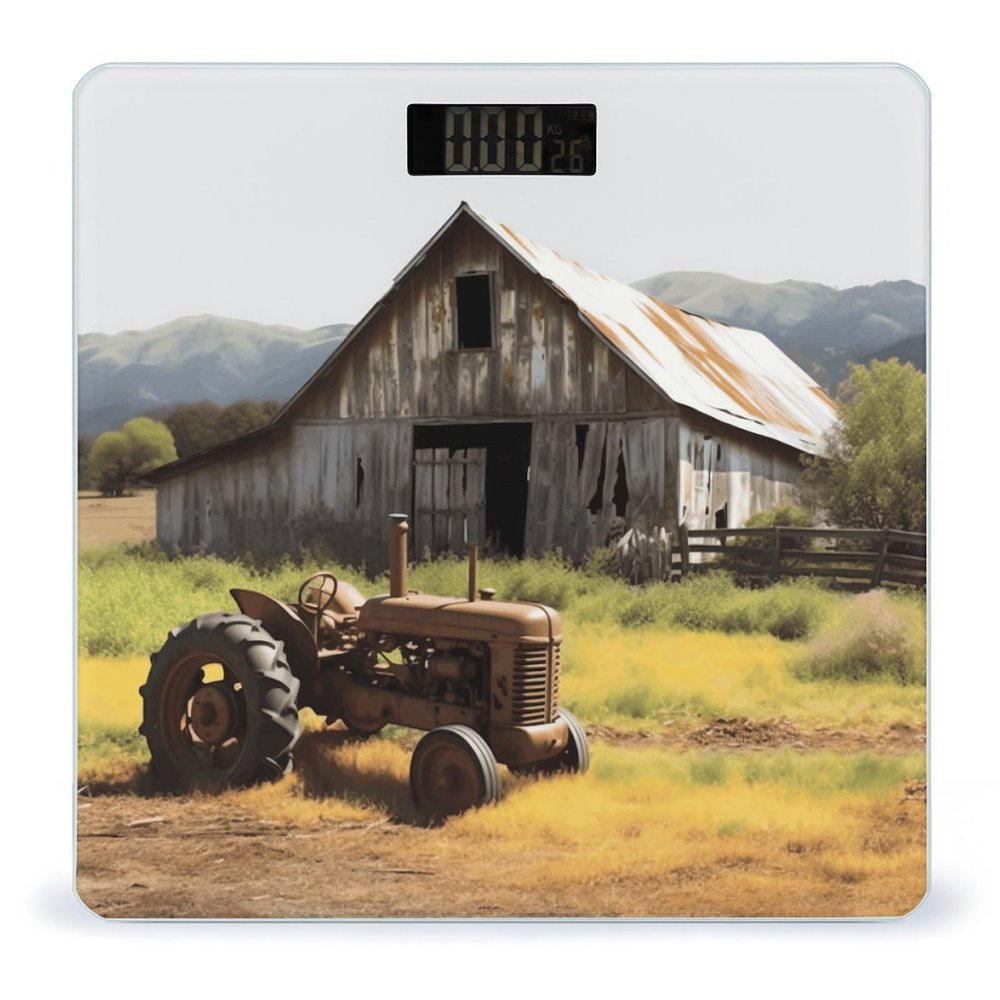 Old Wooden Barn with Rusted Tractor Weight Scale for Body Weight Digital Bathroom Scale High Capacity Accurate Digital Weighing Scales and Easy-to-Read on Backlit LCD Display Scales