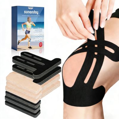 20 PCS Waterproof Kinesiology Tape for Shoulders/Knees,Precut Strips for Knee Pain Relief & Stability Support, Latex-Free Hypoallergenic Sports Athletic Tape Knee Brace (Black and Beige)
