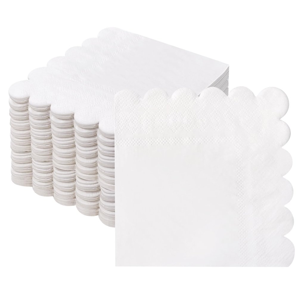 100 Pcs Cocktail Napkins, 2-Ply Scalloped Paper Napkins 5 x 5 Inches, Disposable Beverage Dessert Napkins for Wedding, Birthday, Dinner, Party, Baby Shower Anniversary