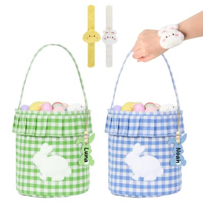 2 Pack Easter Basket with Bunny Name Tags Blue Green Gingham Fabric with Embroidered Bunny Pattern Bucket with Handle and Ruffle Trim Reusable Rabbit Gift Bag for Easter Eggs Hunt, Candy Decorations