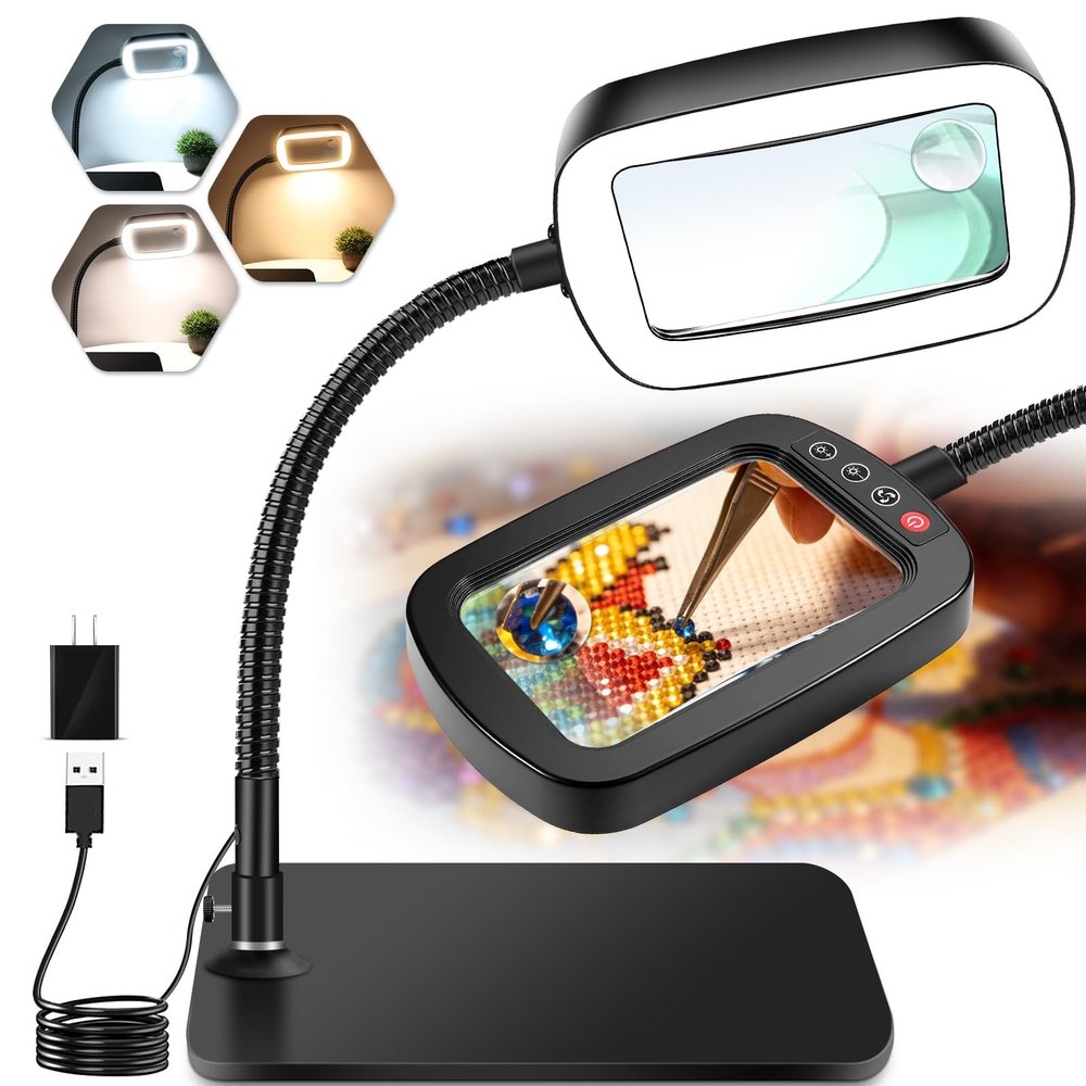 10X 30X Large Magnifying Glass with Light and Stand, 5-inch Lighted Magnifier, 72 LED 3 Color Modes Stepless Dimmable, Hands-Free Magnifying Glass Desk Lamp for Reading Craft Hobby Close Work