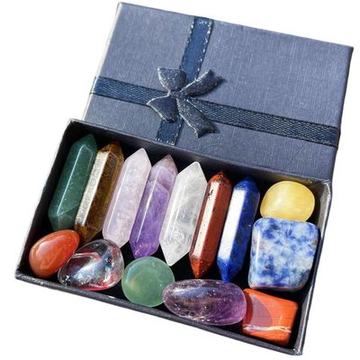 7 Chakra Crystal Healing Box Set Natural Gemstone Wands & Tumbled Stones with Tigers Eye, Green Aventurine, Rose Quartz, Amethyst, Clear Quartz, Red Jasper & Lapis Lazuli