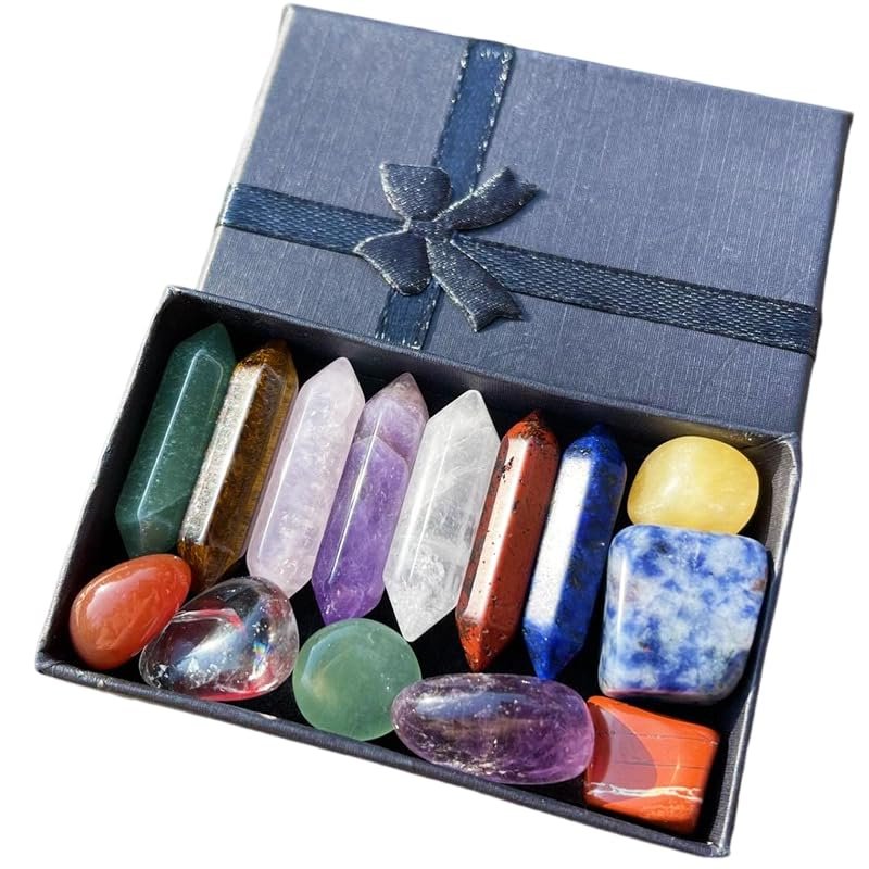7 Chakra Crystal Healing Box Set Natural Gemstone Wands & Tumbled Stones with Tigers Eye, Green Aventurine, Rose Quartz, Amethyst, Clear Quartz, Red Jasper & Lapis Lazuli