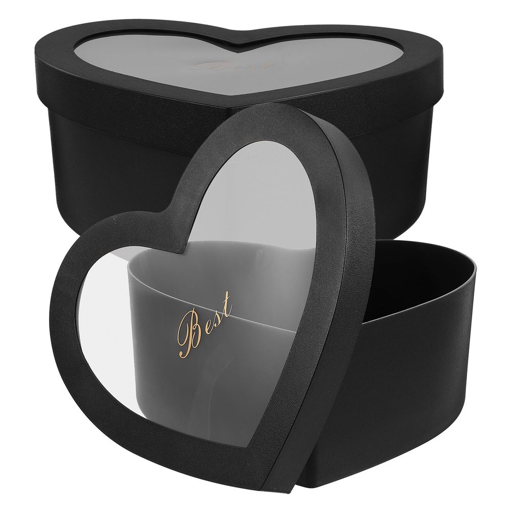 CLISPEED Heart Shaped Box Set 10 Inch Cardboard Boxes for Flower Arrangements and Candy Packaging with Lids, 2 Pieces (black, Large and Small) for Valentines Day and Special Occasions