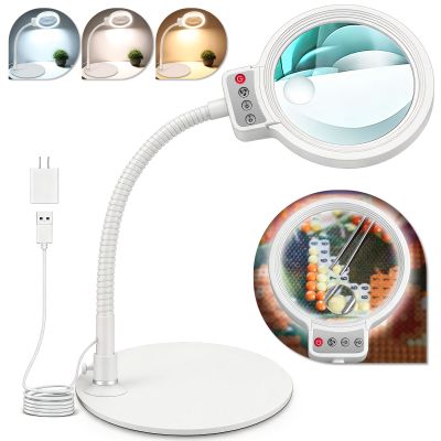 10X 30X Magnifying Glass with Light and Stand, 72 LED 3 Color Modes Stepless Dimmable, Hands Free Lighted Magnifier Desk Lamp for Close Work Craft Hobby Painting Sewing Jewelry Reading (White)