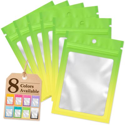 Funfery 100 Pack Mylar Resealable Bags, Clear Gradient Packing Bags for Food Storage, Small Business, Foil Pouch Smell Zipper Proof Bag for Sample Jewelry Eyelash Gloss, Green Yellow-5.9x8.6in
