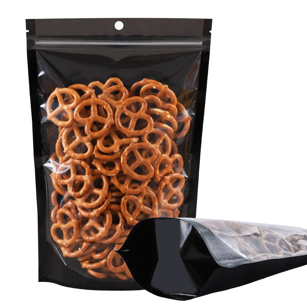 100 Pack Mylar Smell Proof Bags, Resealable Aluminum Foil Stand Up Pouches with Clear Window & Hang Hole, Reusable Zipper Lock Food Storage Heat Seal Sealable Bags for Packaging, Black 7.811.8 Inch