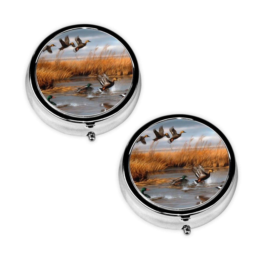 Hunting Flying Wild Duck Print Round Pill Box, Printed Metal Case with 3 Compartments for Pills, Vitamins & Travel