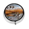 Hunting Flying Wild Duck Print Round Pill Box, Printed Metal Case with 3 Compartments for Pills, Vitamins & Travel view 2
