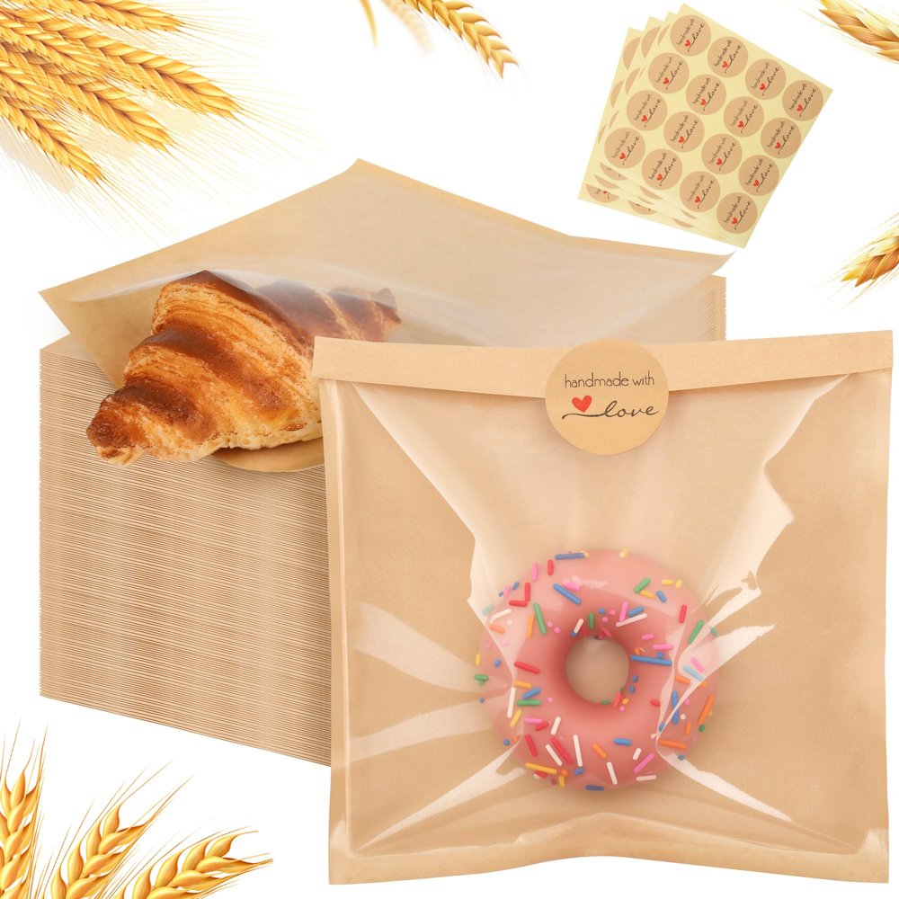 100 Pcs Cookie Packaging Bags with Window, 5.7" x 6.5" Kraft Paper Bakery Bags, Heat-Sealable & Grease-Resistant Pastry Bags with 128 Stickers for Cookies, Donuts, Sandwiches, Party Treats (Brown)