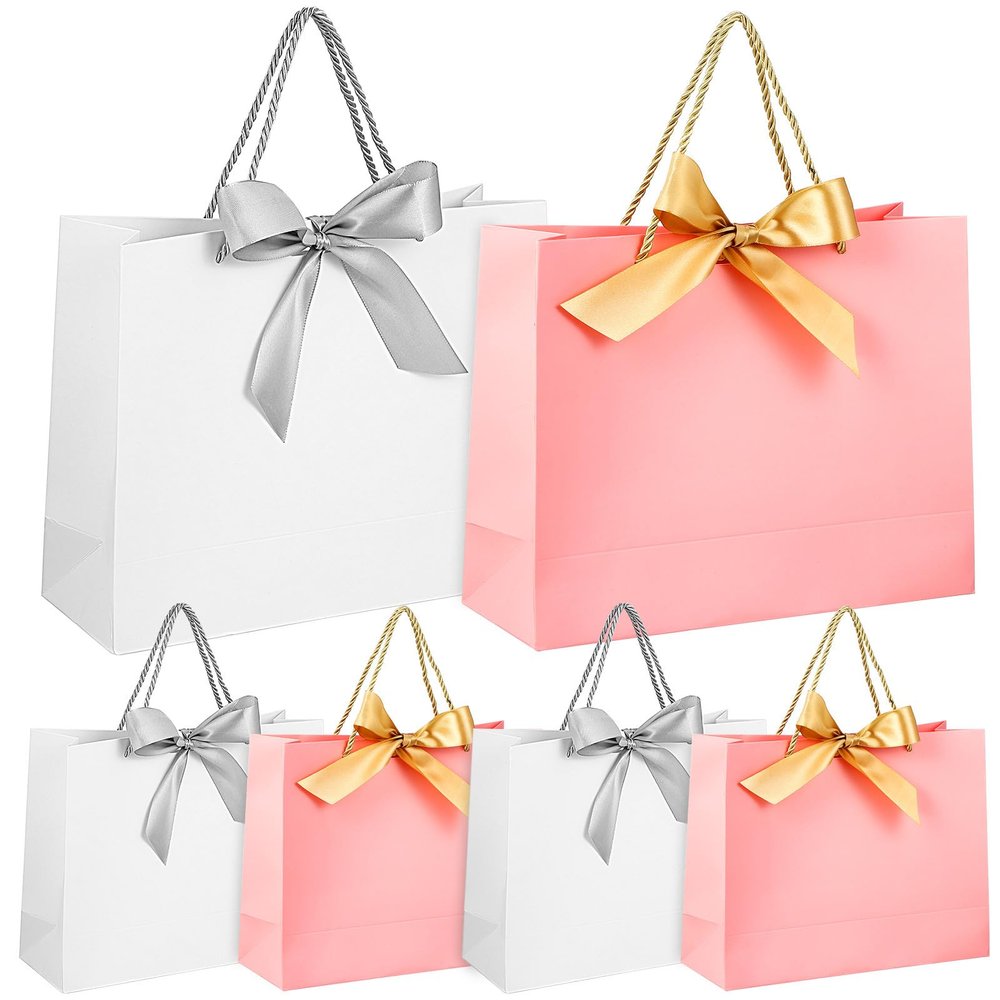 TOBBOMEY 10pcs Paper Bags with Ribbon Bows 5 White with Silver Bows 5 Pink 32x25x11cm Handheld Wrapping Bags for Party Celebrations and Presents