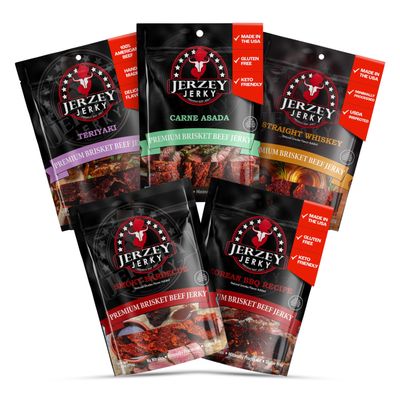 Jerzey Jerky Brisket Beef Jerky Variety Pack Healthy Protein Snacks with Rich, Authentic Flavor 6g of Protein Per Serving, Made with 100% Beef (5 Pack)