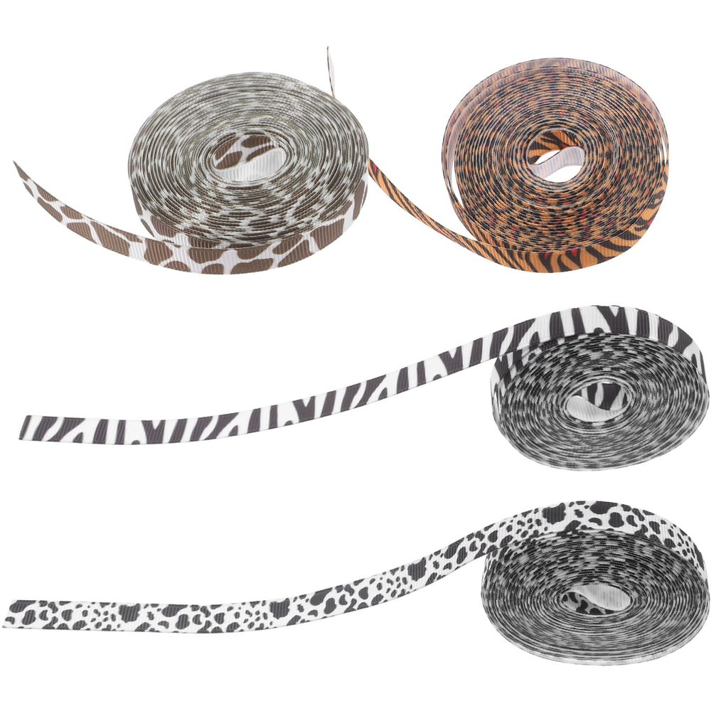 TIDTALEO 4 Rolls Animal Print Ribbon 1cm Wide, Tiger Giraffe Zebra Cow Patterns, 4.5 Yards Each, Rustic Craft and Wrapping Ribbon for Birthday, Christmas, and DIY Decoration