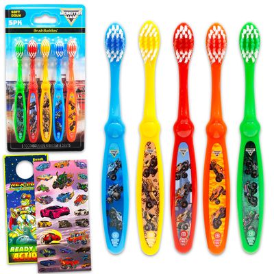 Monster Jam Toothbrush Set - Bundle with 5 Toothbrushes Featuring Trucks Plus Stickers, More | Mosnter Jam Oral Hygiene Kit for Kids and Toddlers