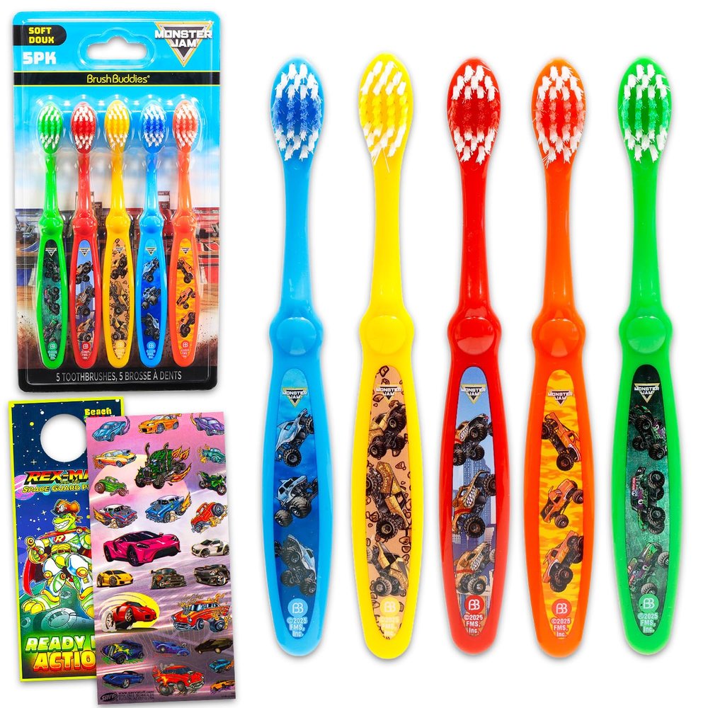 Monster Jam Toothbrush Set - Bundle with 5 Toothbrushes Featuring Trucks Plus Stickers, More | Mosnter Jam Oral Hygiene Kit for Kids and Toddlers