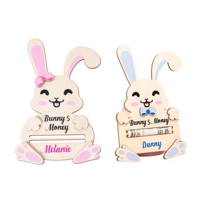 2 Pcs Easter Money Holder Gift Card Holder, Easter Basket Stuffers Decortions Pink and Blue Wooden Bunny Baskets Stuffers Card Cash Holder Gifts for Teens Girls Boys