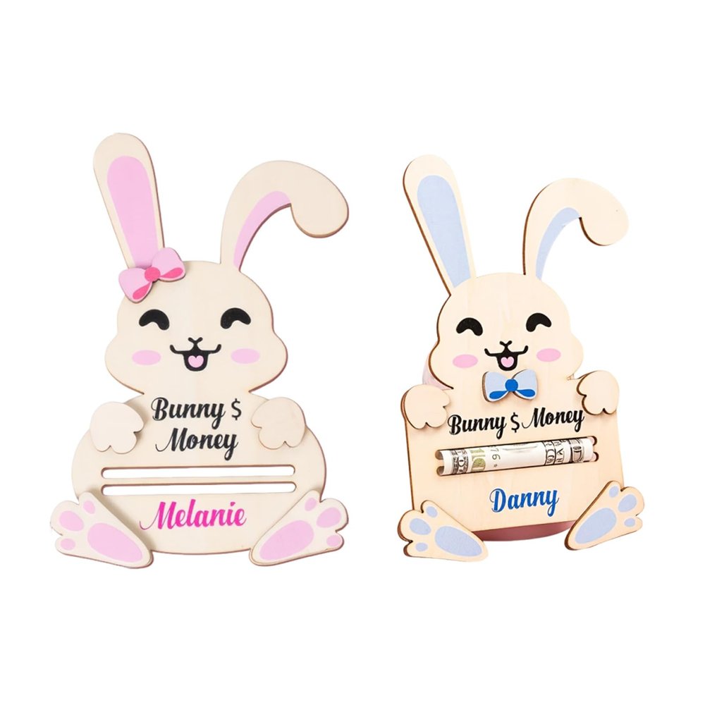 2 Pcs Easter Money Holder Gift Card Holder, Easter Basket Stuffers Decortions Pink and Blue Wooden Bunny Baskets Stuffers Card Cash Holder Gifts for Teens Girls Boys
