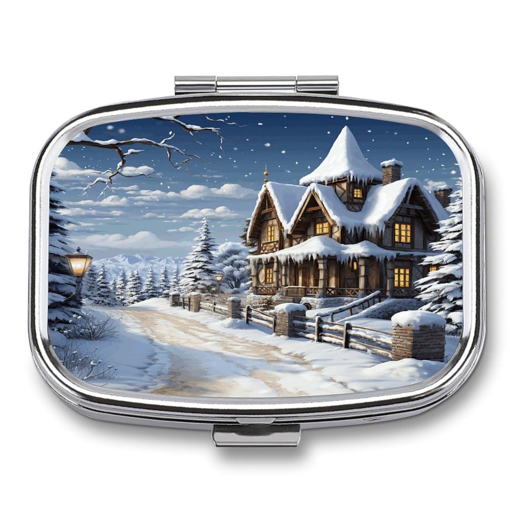 Christmas Winter Happy Scene Pill Case 2 Compartment Medicine Case Portable Pill Container Medicine Travel Pill Organizer Small Pill Box for Pocket Vitamin Organizer Daily Pill Cases