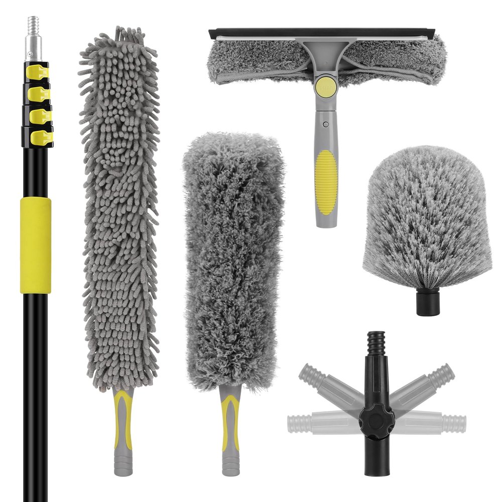 26FT High Ceiling Duster Kits with 5-20 Ft Extension Pole, Fan Blade Cleaner, Cobweb Duster, Window Squeegee Kit, Spider Web Brush for High Window, Interior Roof