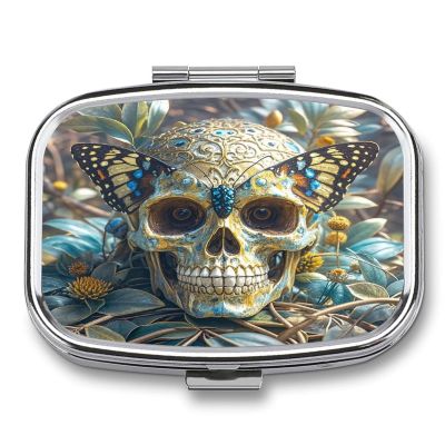 Butterfly Skull Pill Case Travel Portable Pocket Pill Box 2 Compartment Medicine Case Large Capacity Daily Pill Cases Vitamin Organizer Medicine Organizer Small Pill Box