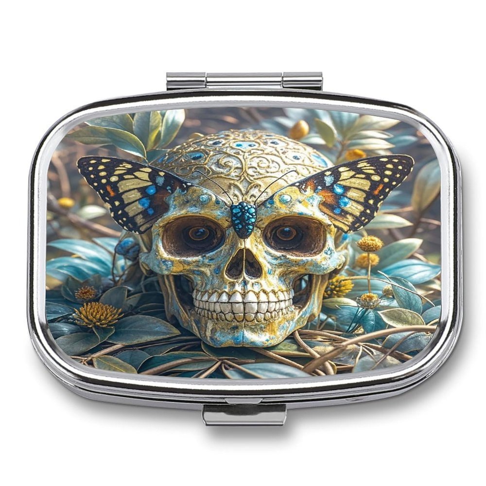 Butterfly Skull Pill Case Travel Portable Pocket Pill Box 2 Compartment Medicine Case Large Capacity Daily Pill Cases Vitamin Organizer Medicine Organizer Small Pill Box