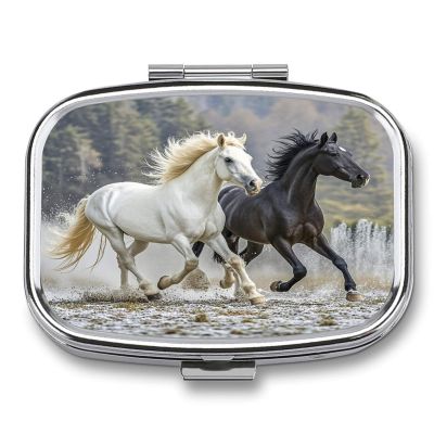 Black and White Horses Running Pill Case Travel Portable Pocket Pill Box 2 Compartment Medicine Case Large Capacity Daily Pill Cases Vitamin Organizer Medicine Organizer Small Pill Box