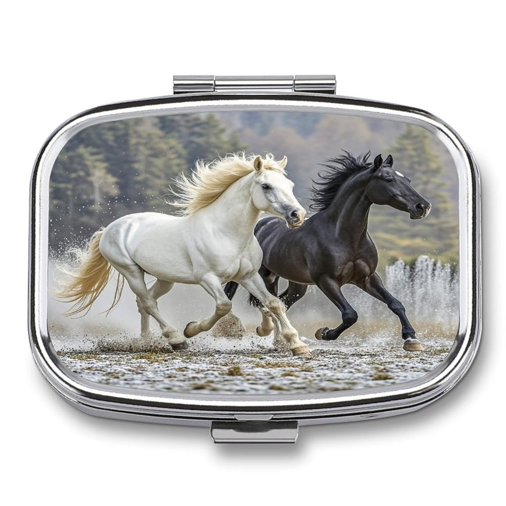 Black and White Horses Running Pill Case Travel Portable Pocket Pill Box 2 Compartment Medicine Case Large Capacity Daily Pill Cases Vitamin Organizer Medicine Organizer Small Pill Box