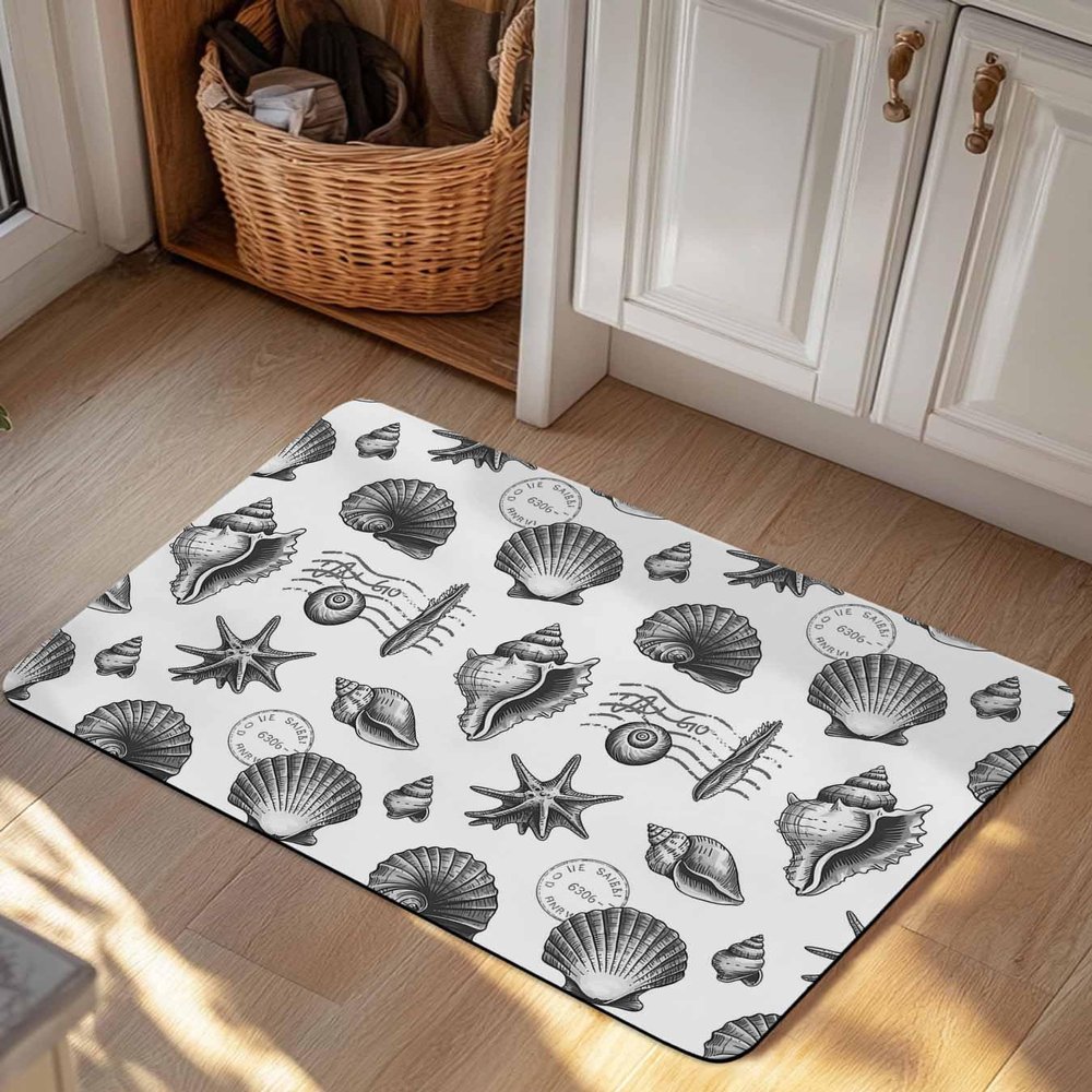 Kycozurz Black Coastal Doormat Bath Mat Quick Dry Non Slip Rug with Rubber Shell Conch Ocean Underwater Water Absorbing Mat for Bathroom Kitchen Front Door Laundry Room 36" x 24"