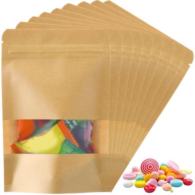 Geosar 150 Pcs Stand up Kraft Pouches with Window 4 x 6 Inch Kraft Paper Sealable Pouches with Notch Heat Sealable Resealable Bags for Small Business, Zipper Food Storage for Packaging, Snacks