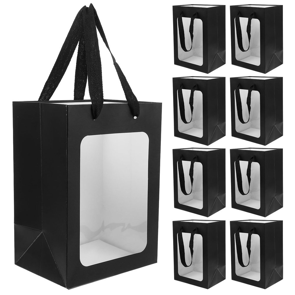 Cabilock 12pcs Black Window Bags with Handles, Large Paper Present Bags for Party Favors, Wedding, and Dessert Wrapping, Handheld Pouch for Giving
