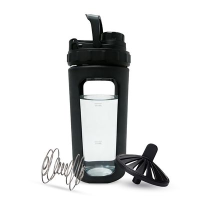 26oz Glass Protein Shaker Bottle, Stainless Steel Mixing Ball & Silicone Sleeve, Odorless, Leak-Proof, BPA-Free, Ideal for Smoothies & Workout Drinks (Graphite Black)