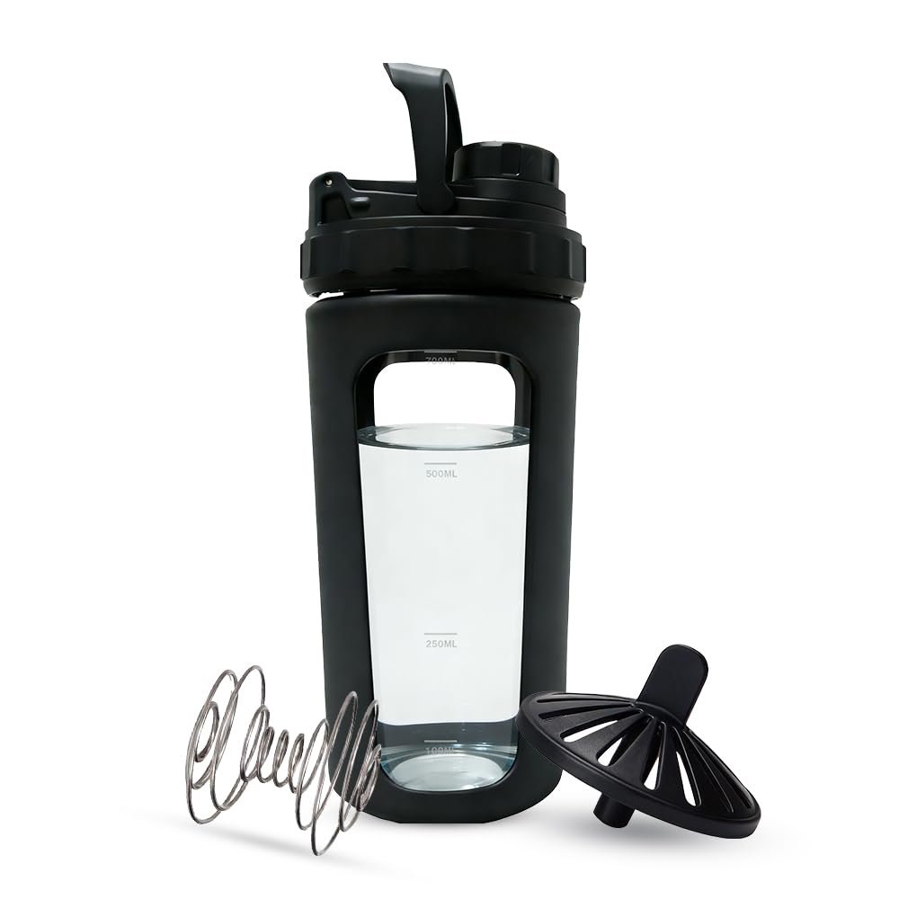 26oz Glass Protein Shaker Bottle, Stainless Steel Mixing Ball & Silicone Sleeve, Odorless, Leak-Proof, BPA-Free, Ideal for Smoothies & Workout Drinks (Graphite Black)