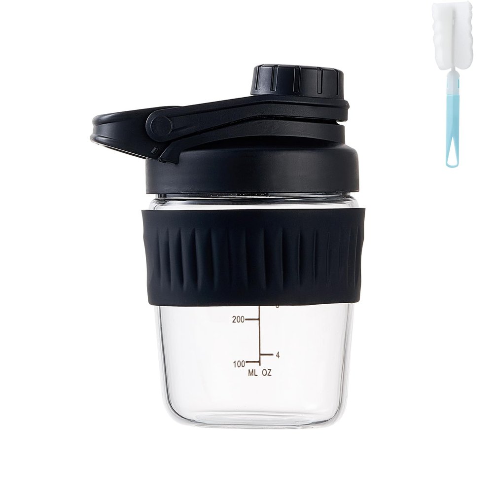 12oz Glass Shaker Bottle for Protein, Small Borosilicate Glass Protein Powder Leak-Proof Shaker Cup Mixes with 304 Blending Ball(12oz,Black)