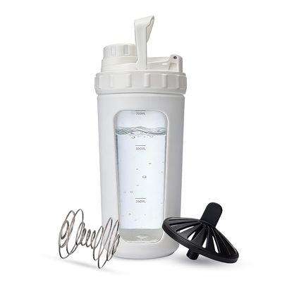 26oz Glass Protein Shaker Bottle, Stainless Steel Mixing Ball & Silicone Sleeve, Odorless, Leak-Proof, BPA-Free, Ideal for Smoothies & Workout Drinks(Frost White)