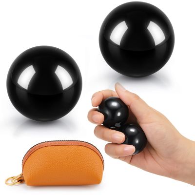 AceOrbit Baoding Balls Set of 2, Chinese Stress Relief Hand Exercise Balls with Leather Pouch, 1.89 Inch Black Obsidian, Finger Exercise and Wrist Strength Training
