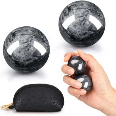 AceOrbit Baoding Balls Set of 2, Chinese Stress Relief Hand Exercise Balls with Leather Pouch, 1.89 Inch Dark Grey Marble, Finger Exercise and Wrist Strength Training