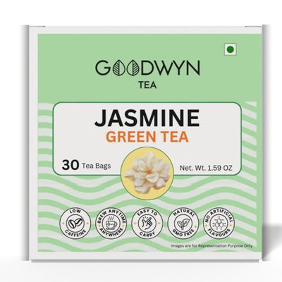 Goodwyn Jasmine Green Tea (30 Tea Bags) | Premium Green Tea with Real Jasmine Blossoms | 100% Natural | Plastic Free Tea Bags | Low Caffeine Non Bitter | Fragrant & Floral | Perfect Hot or Iced | Delicate Scented Tea for Daily Enjoyment