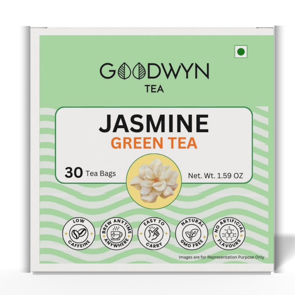Goodwyn Jasmine Green Tea (30 Tea Bags) | Premium Green Tea with Real Jasmine Blossoms | 100% Natural | Plastic Free Tea Bags | Low Caffeine Non Bitter | Fragrant & Floral | Perfect Hot or Iced | Delicate Scented Tea for Daily Enjoyment