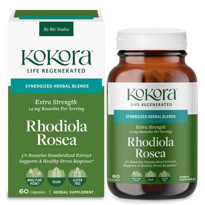 kokora Extra Strength Rhodiola Rosea Stress Relief, Endurance & Promotes Mental & Physical Performance* - with Siberian Rhodiola, Rosavins, Organic Holy Basil - Vegan, Non-GMO - 60 Capsules