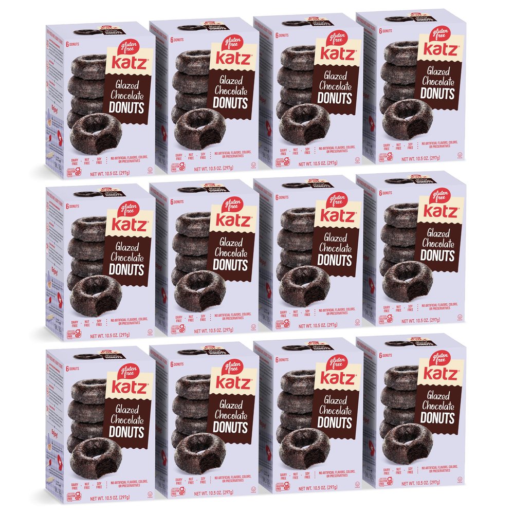 Katz Gluten Free Glazed Chocolate Donuts. Dark Chocolade, Free of Dairy, Soy, Tree Nuts, and Peanuts, Kosher 10.5 oz (12pk)