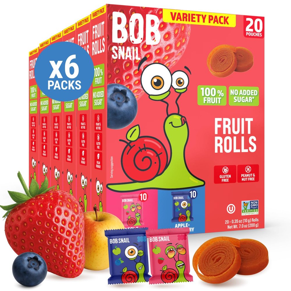 Bob Snail Fruit Roll Ups 42oz Strawberry & Blueberry Flavor Mix, Real Fruit Snacks with No Added Sugar, Vegan & Gluten-Free, Value Pack of 120 Rolls (1200g)