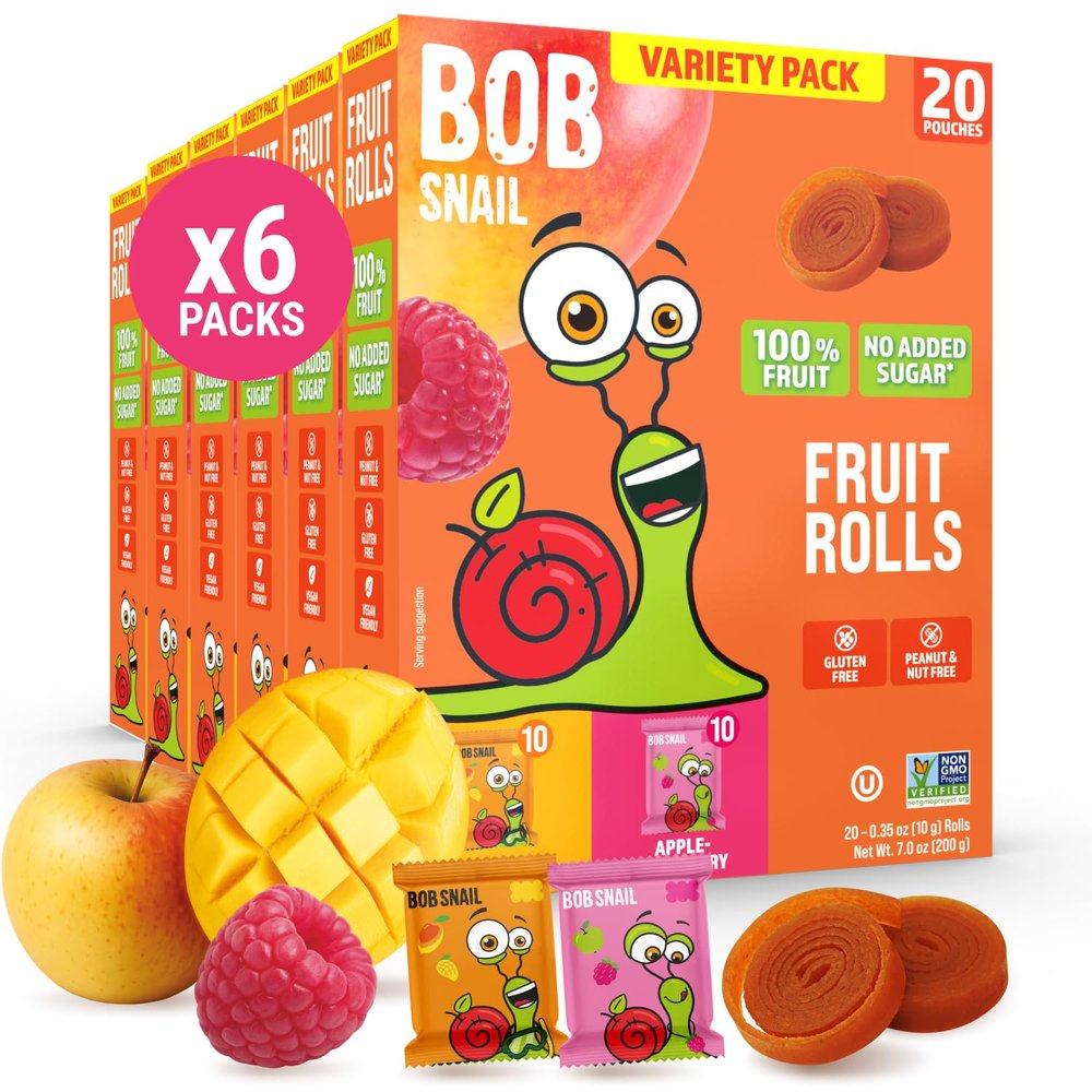 Bob Snail Fruit Roll Ups Mango & Raspberry Flavor Mix, Real Fruit Snacks with No Added Sugar, Vegan & Gluten-Free, Value Pack of 120 Rolls (1200g)