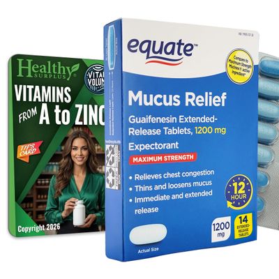 Healthy Surplus Equate Mucus Relief - Guaifensesin Extended-Release - 14 Tablets, 1200 mg Expectorant and Vital Volumes Tips Card Bundle