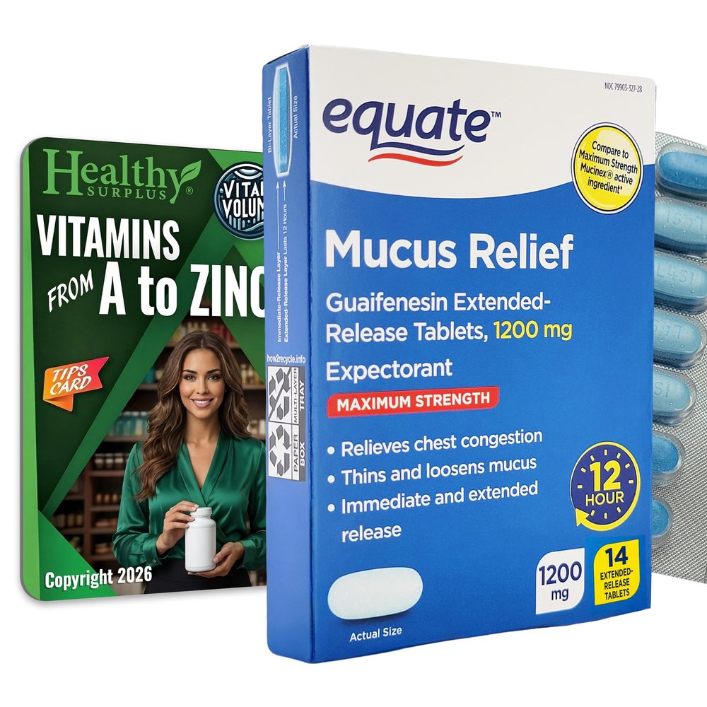 Healthy Surplus Equate Mucus Relief - Guaifensesin Extended-Release - 14 Tablets, 1200 mg Expectorant and Vital Volumes Tips Card Bundle